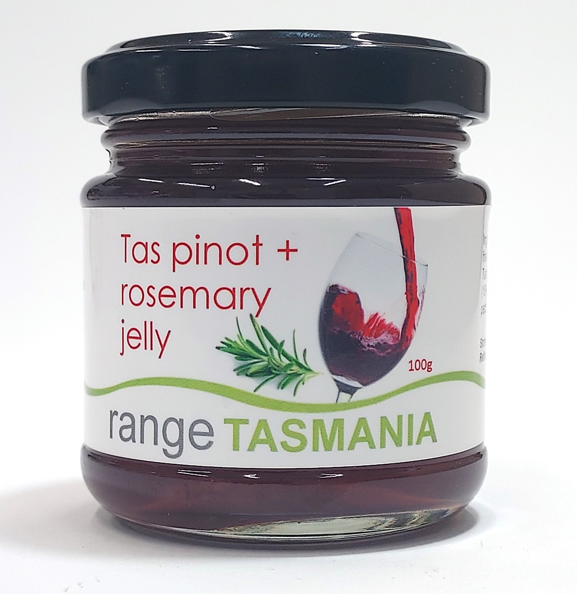 a 100 gram jar of range Tasmania Tas pinot and rosemary jelly
