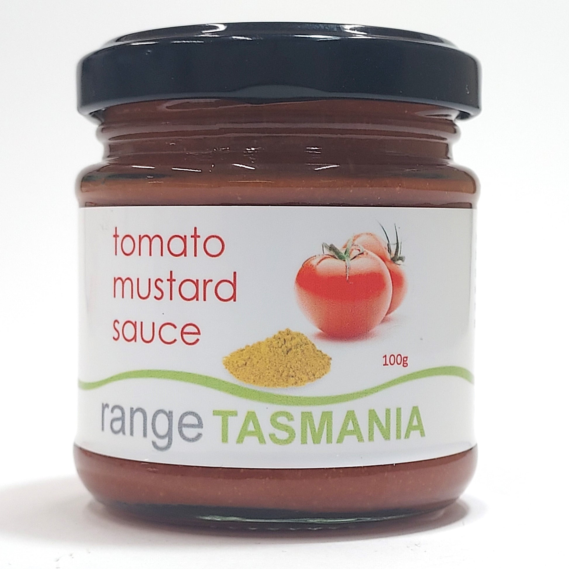 a 100 gram jar of range Tasmania tomato mustard sauce