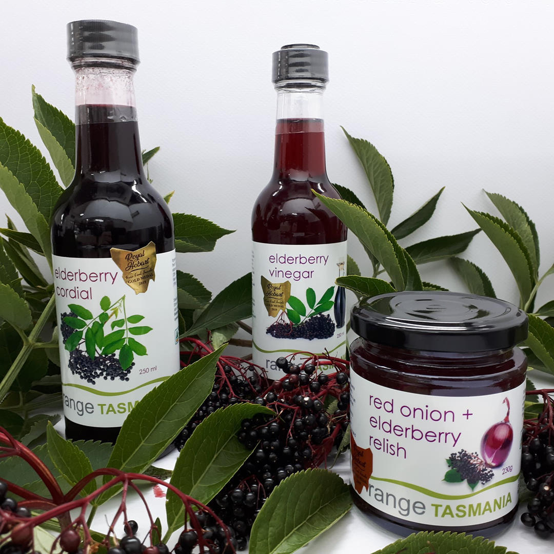 bottles of range tasmania elderberry cordial, elderberry vinegar and red onion and elderberry relish